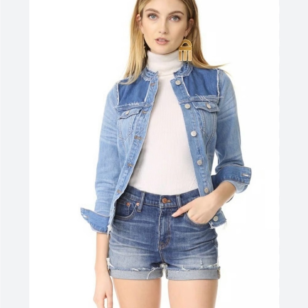 Madewell Collarless Denim Jacket Thunder Cloud Distressed Fitted Size XS